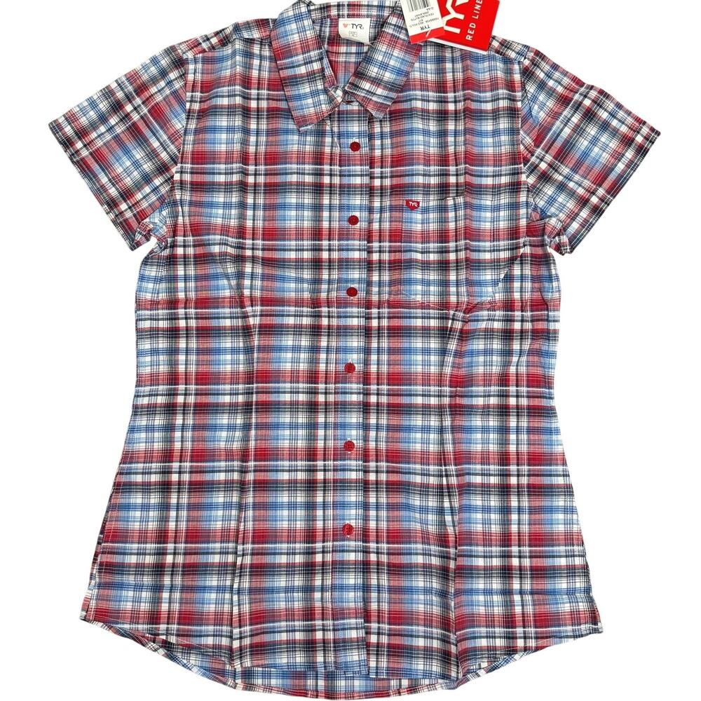 TYR Red Line Womens SS Plaid Button Down Shirt Stretch - Red Blue - Small - $63